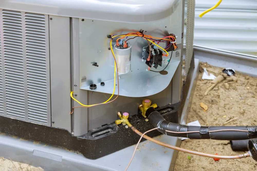 HVAC unit being installed. Wires visible.