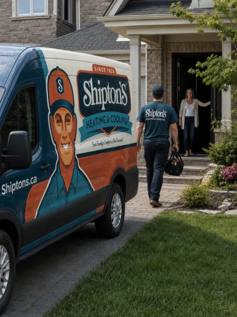 A Shipton's Heating & Cooling van parked in a driveway as a technician walks towards a house where a woman greets him.